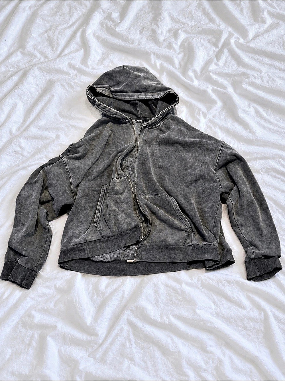 Zara Acid Wash Zip Up Hoodie Women's Gray Jacket XL